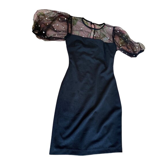 B. Darlin JR Black Skater Dress 3/4 Sheer Pearl Mesh Puff Sleeves Y2k Whimsigoth - Picture 2 of 8